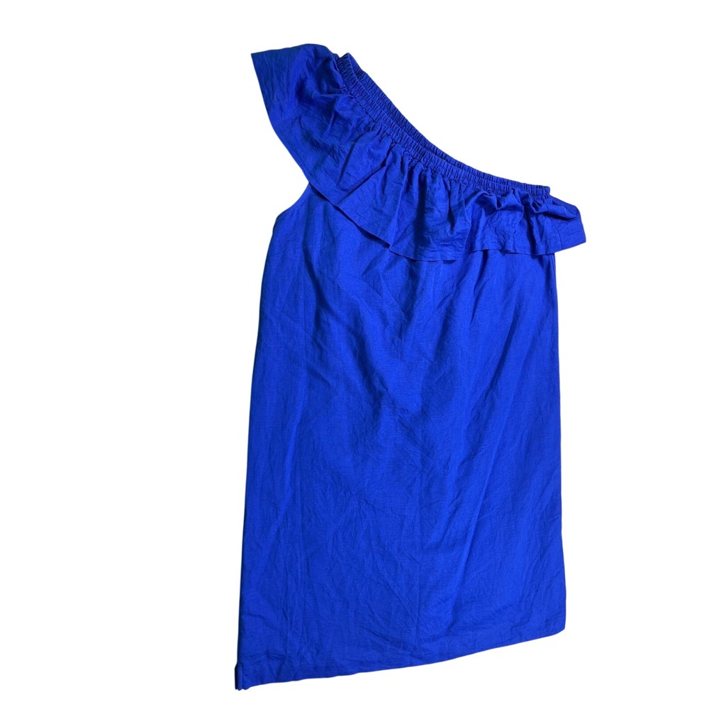 J.Crew Factory Medium‎ One Shoulder Ruffle Dress Blue Linen Blend Midi